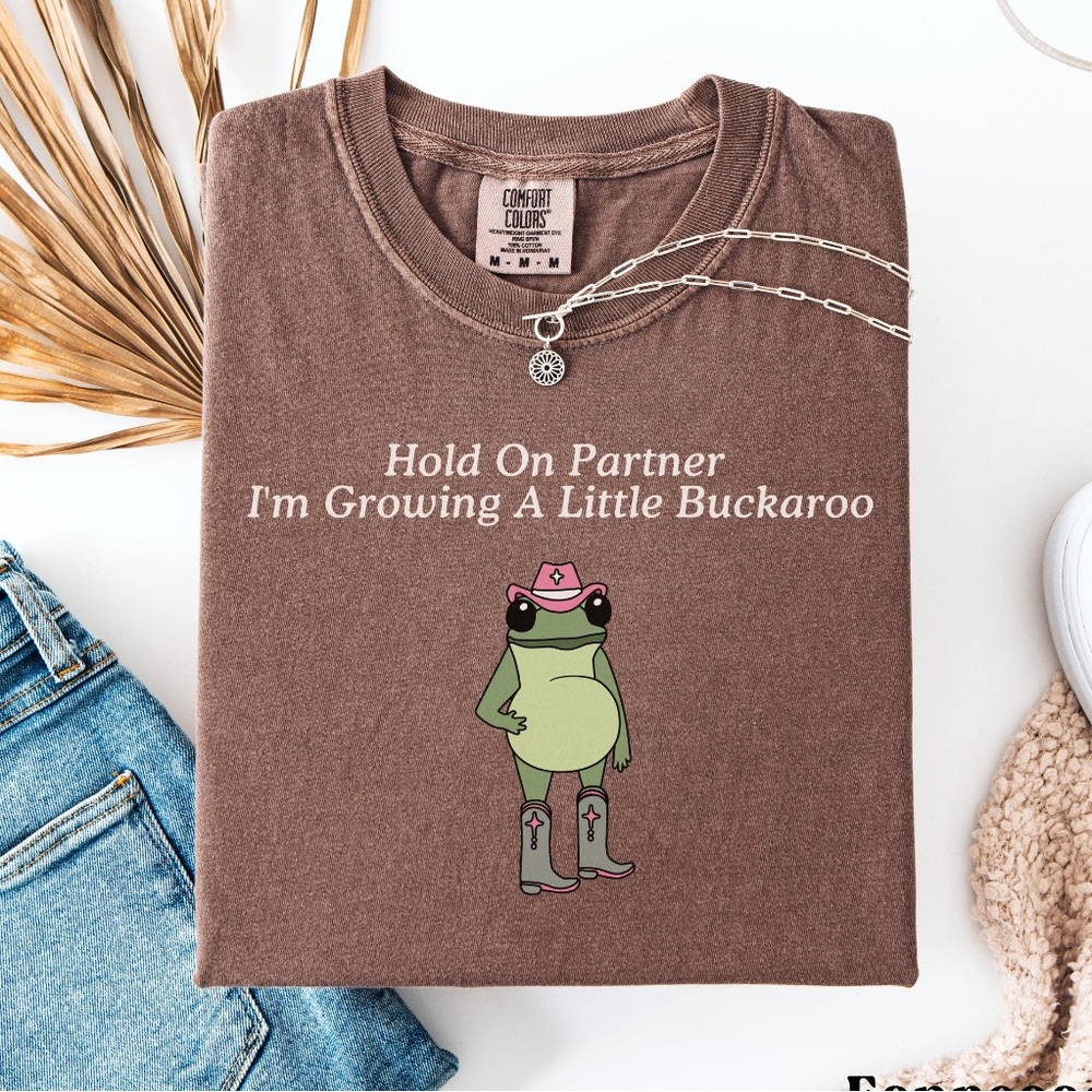 Brown Comfort Colors Tee with Frog Design Pregnancy